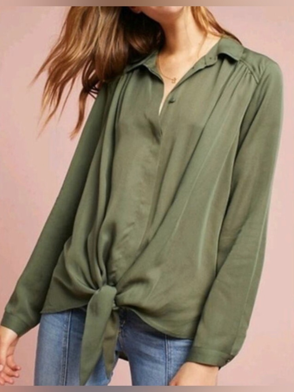Anthropologie Maeve Olive Green Tie Front Long Sleeve Shirt Button Down Small